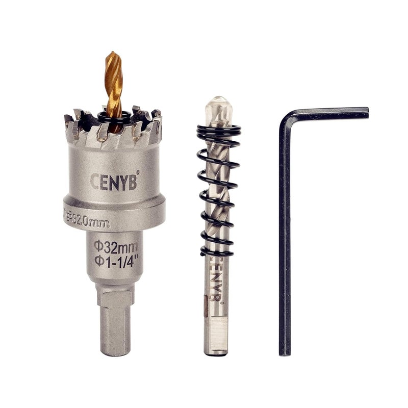 cenyb 1-1/4" (32mm) Tungsten Carbide Tipped Hole Saw with 2Pcs Titanium-Plated Pilot Drill Bits for Hard Metal,Stainless Steel,Iron,Aluminum Alloy,Wood and Plastic - Image 1